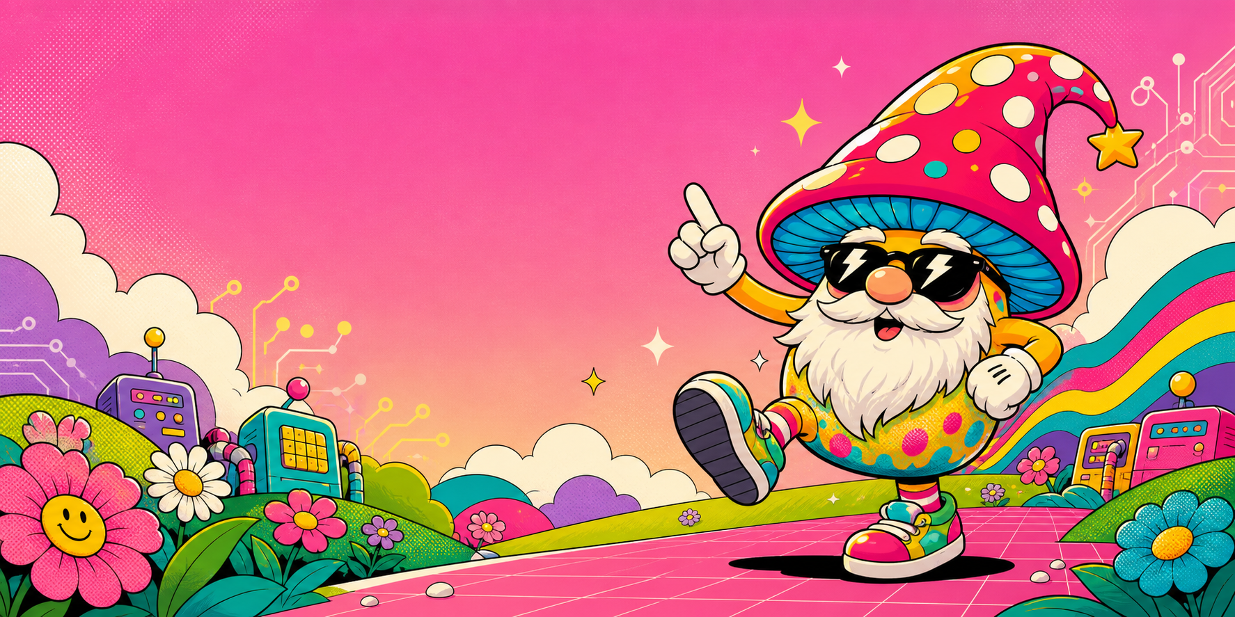 Original BINGO BANGO 80s comic world with a mushroom-gnome hybrid mascot, clouds, flowers, and AI details