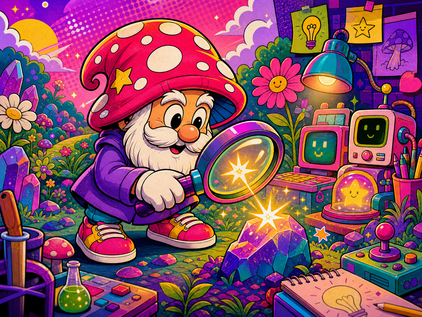 Original BINGO BANGO mushroom-gnome hybrid character discovering a glowing idea spark with a magnifying glass