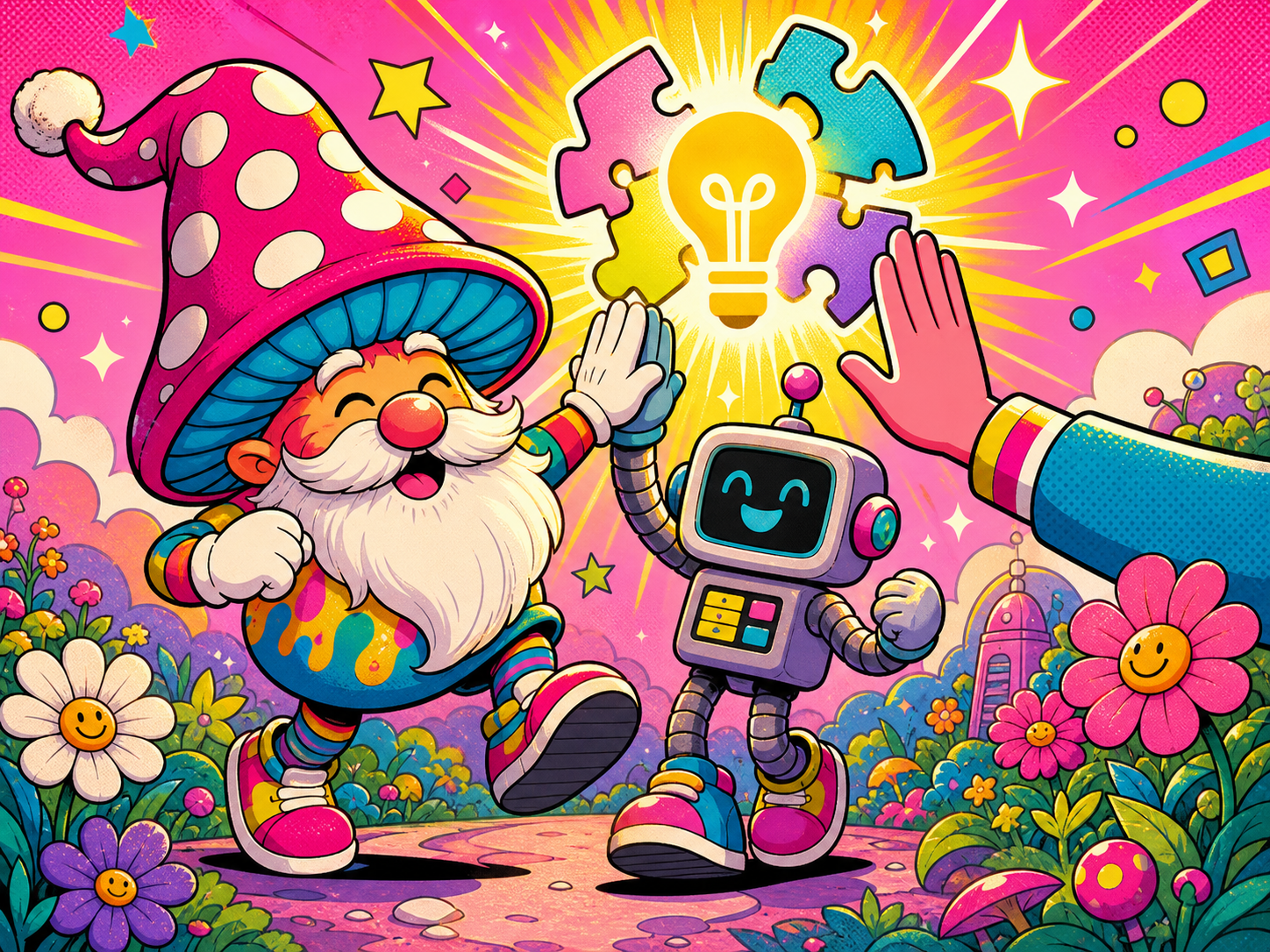 Original BINGO BANGO mushroom-gnome hybrid character, robot, and human hand celebrating an idea clicking into place