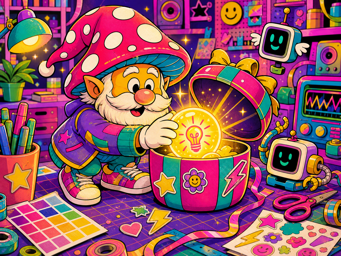 Original BINGO BANGO mushroom-gnome hybrid character packaging a glowing idea into a colorful gift capsule