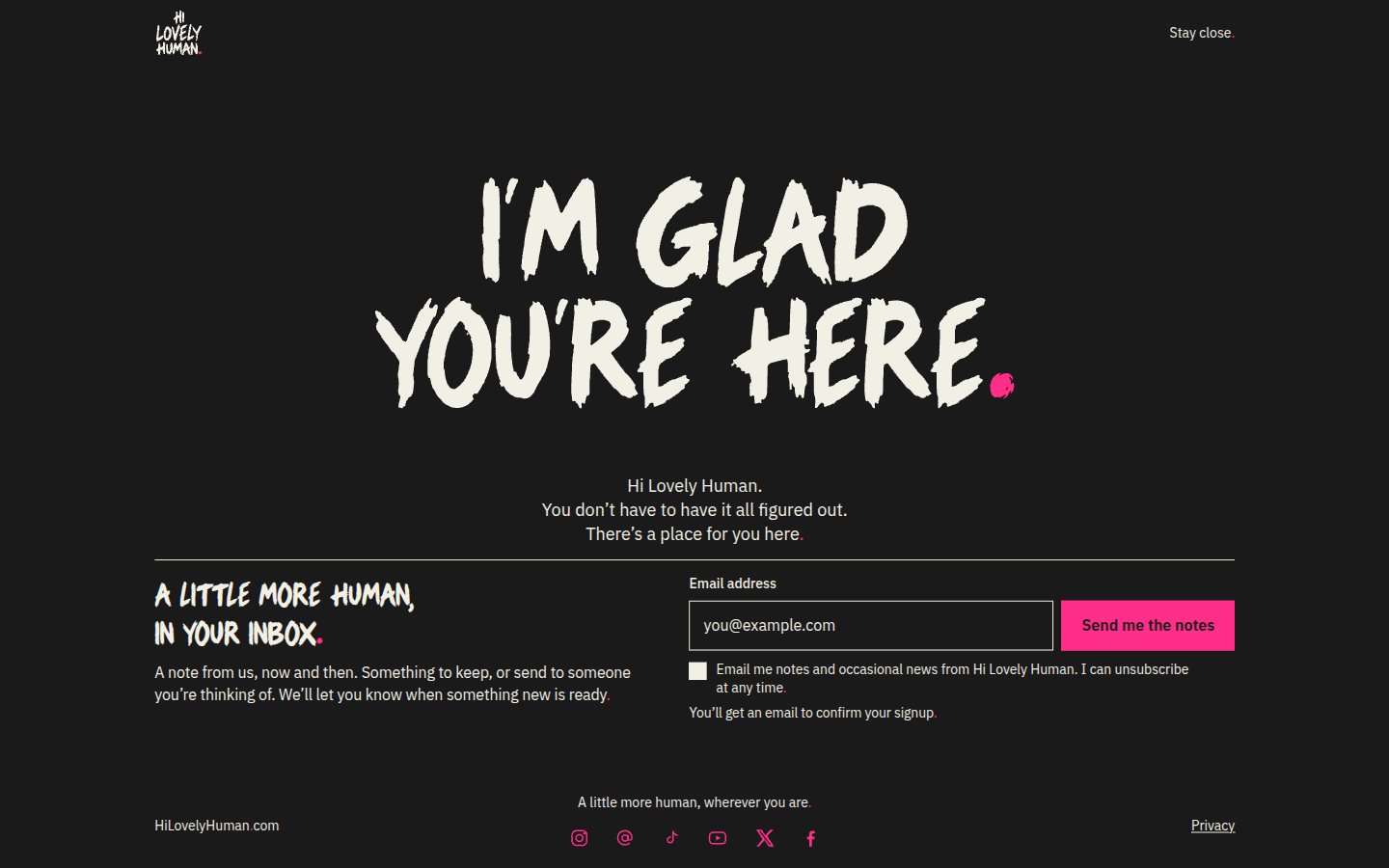 The Hi Lovely Human site: I'm glad you're here.